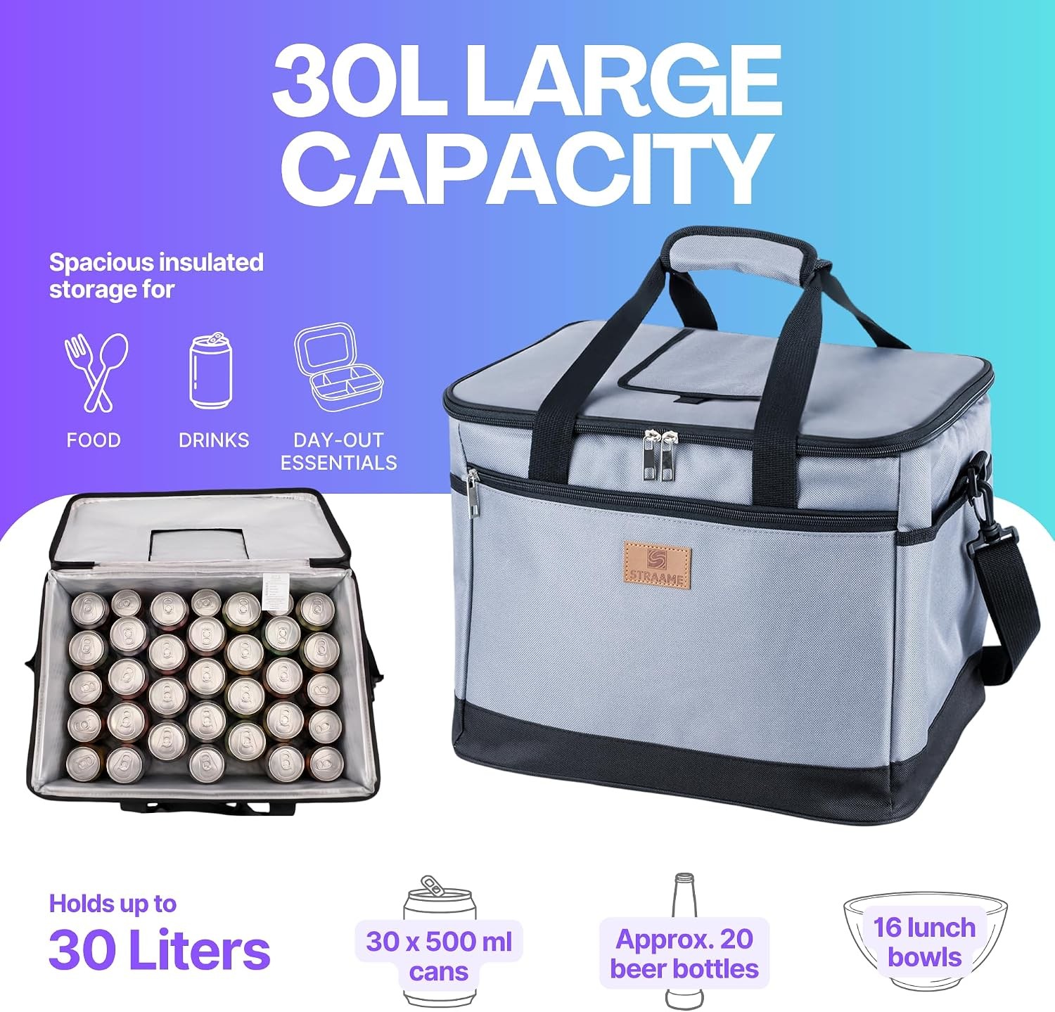 Straame 30L Insulated Cooler Bag, Grey