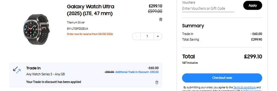 Samsung Galaxy Watch Ultra (2025) Smart Watch, £319.10 with trade of any Watch5, £299.10 with trade of Apple Watch Series 5 via EPP / Student