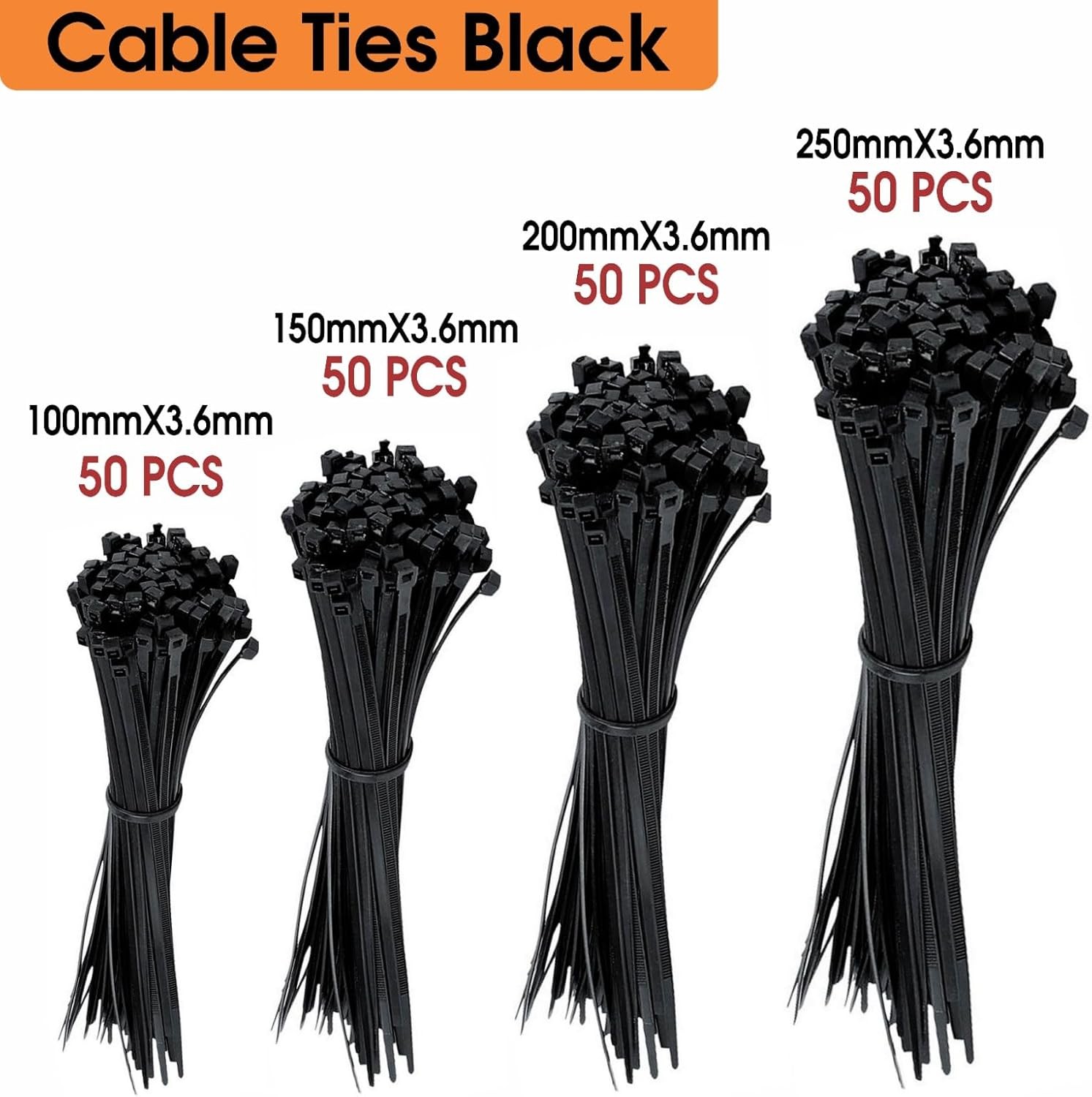 200 Pcs Cable Ties Assortment, Mix Black Zip Ties Set with 4 Sizes (100, 150, 200, 250mm) x 3.6mm Heavy Duty Nylon Cable Ties for Wire Management, Black Cables Ties Heavy Duty Zip Ties