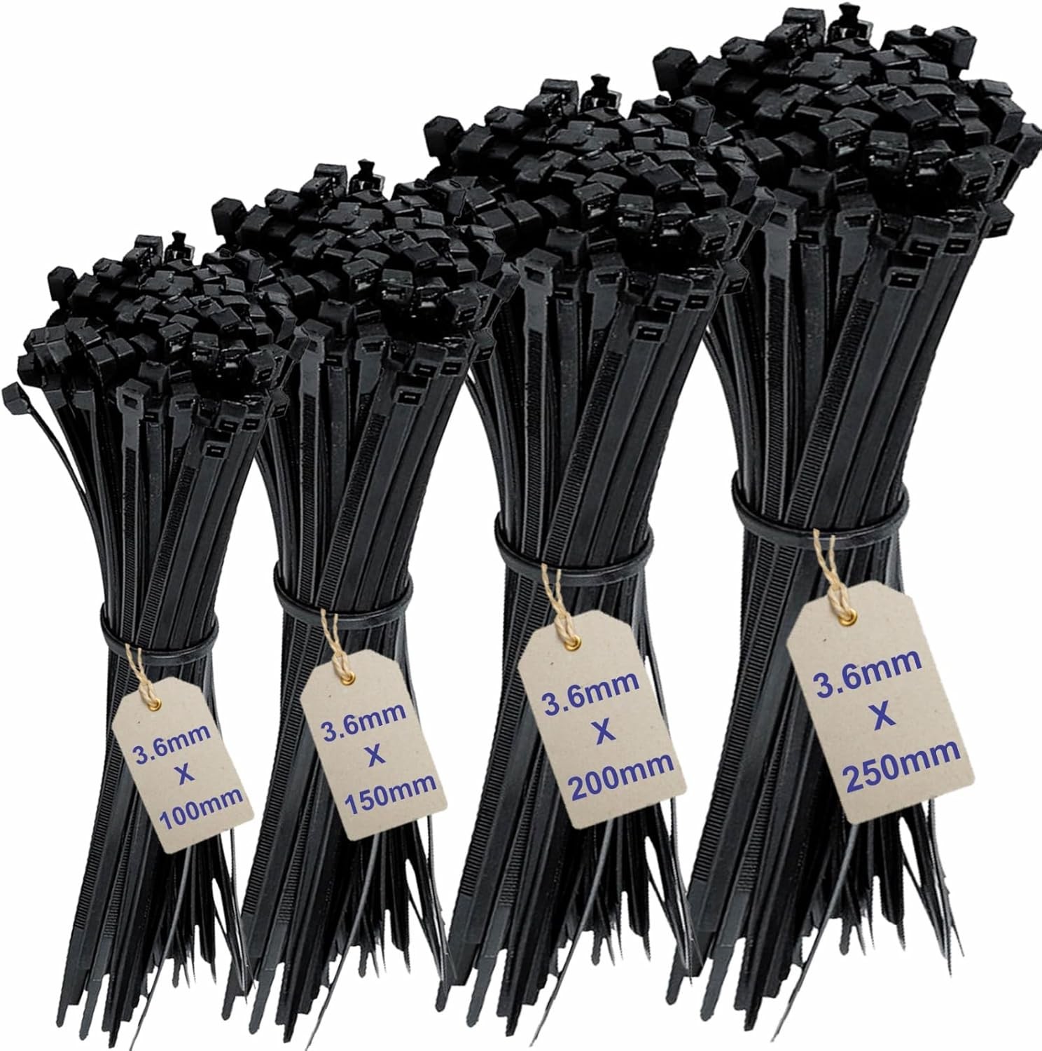 200 Pcs Cable Ties Assortment, Mix Black Zip Ties Set with 4 Sizes (100, 150, 200, 250mm) x 3.6mm Heavy Duty Nylon Cable Ties for Wire Management, Black Cables Ties Heavy Duty Zip Ties