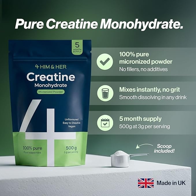 Creatine Monohydrate Powder 500g, 5 Month Supply, UK Made, No Taste, Mix Easily, Vegan Supplements for Men & Women, Pure, Unflavoured, Micronized, 200 Mesh, Gluten-Free, 147 Servings, 4 HIM & HER
