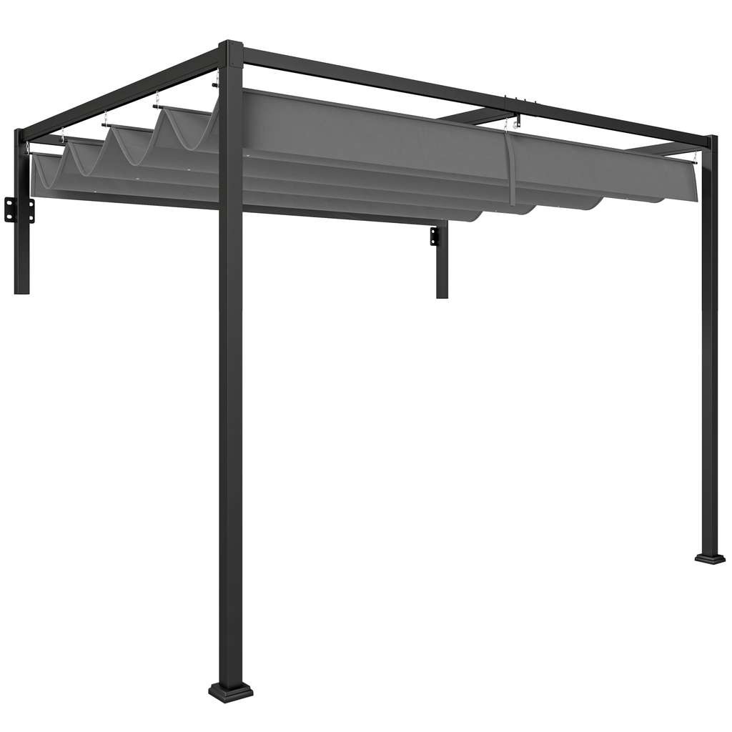 Outsunny 2 x 3m Lean To Pergola with Retractable Roof, Wall Mounted Garden Gazebo Outdoor Sun Shade for Patio, Dark Grey