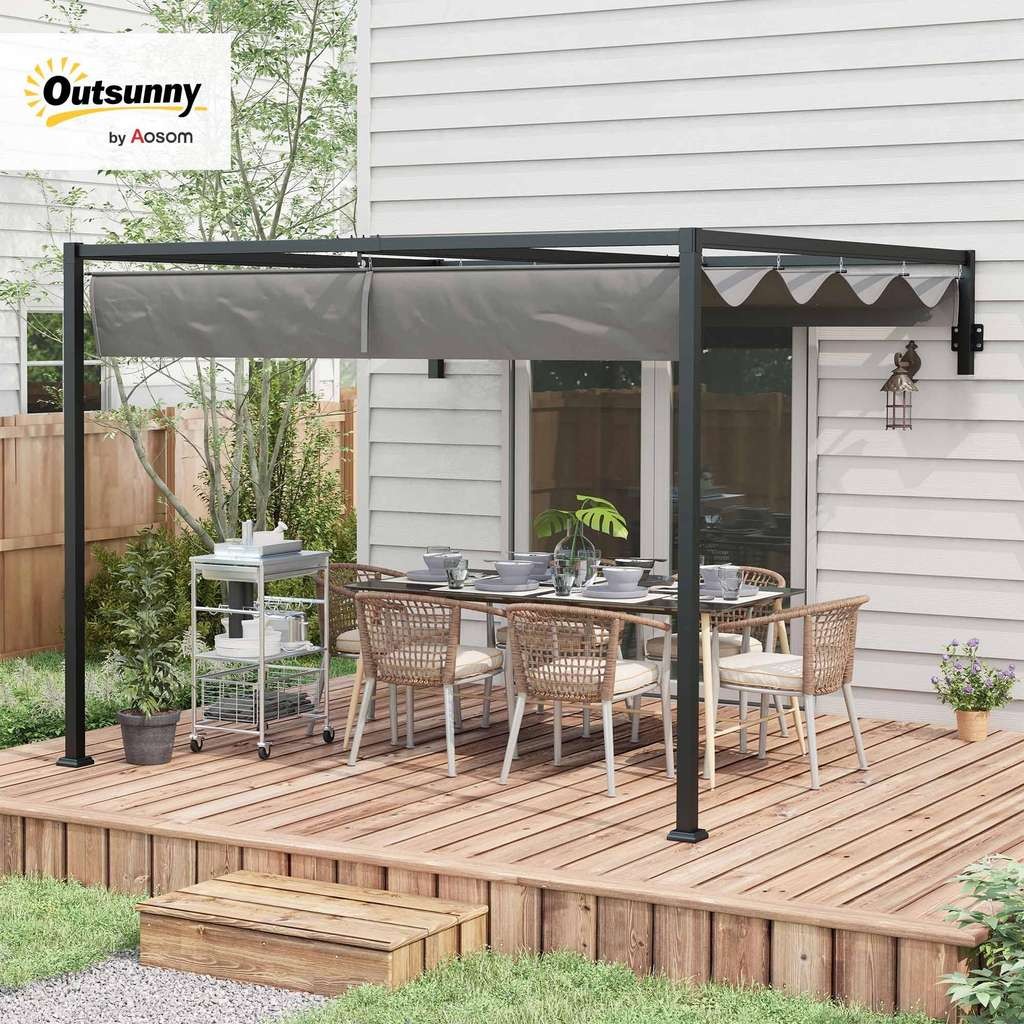 Outsunny 2 x 3m Lean To Pergola with Retractable Roof, Wall Mounted Garden Gazebo Outdoor Sun Shade for Patio, Dark Grey