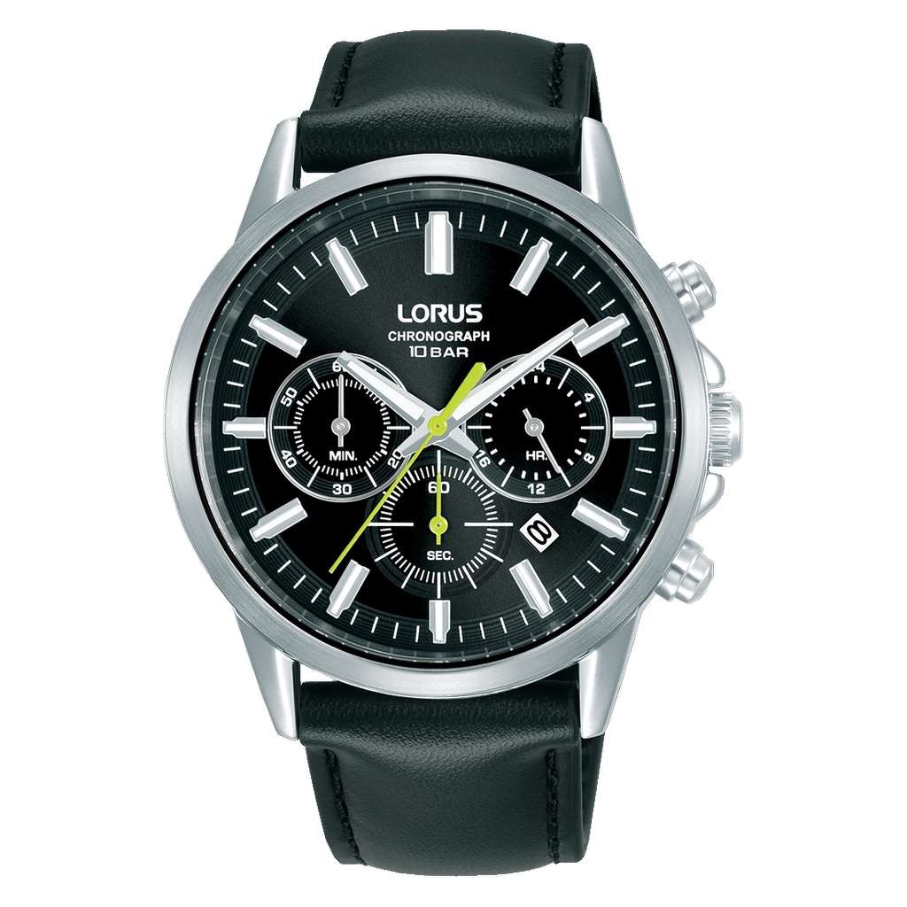 Lorus Chronograph black leather watch, 100M WR. Free Click & Collect