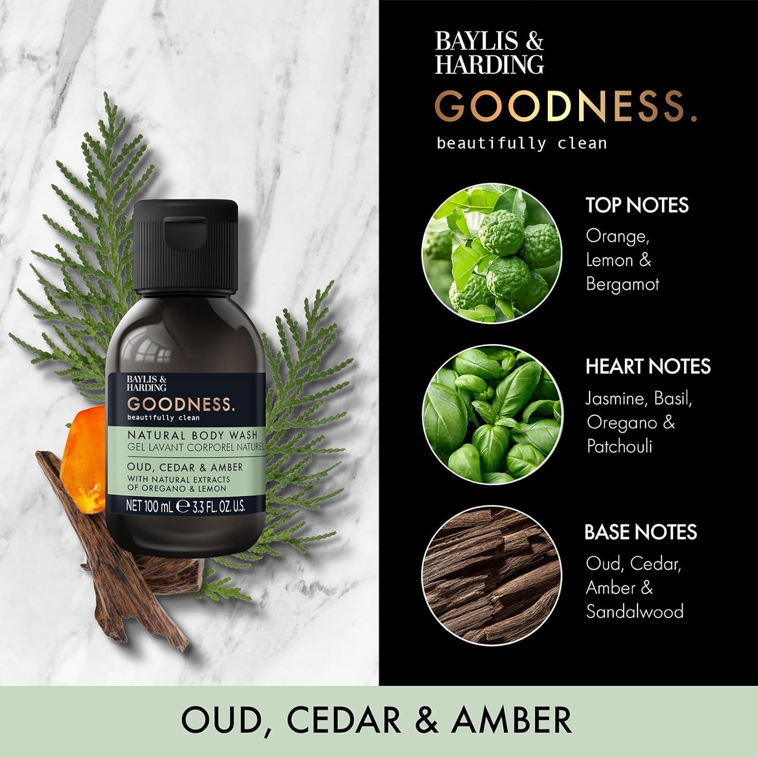 Baylis & Harding Goodness Oud, Cedar & Amber Body Wash 100ml Pack of 1, Vegan Friendly