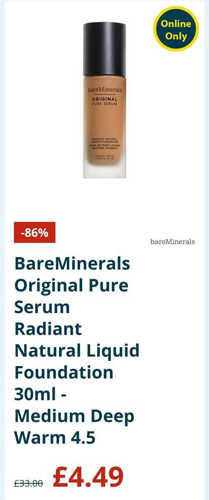 BareMinerals Original Pure Serum Radiant Natural Liquid Foundation 30ml, Medium Deep Warm 4