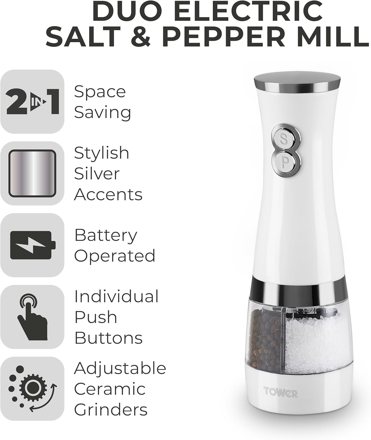 Tower T847004W Electric Duo Salt and Pepper Mills, Battery Operated, Black and White