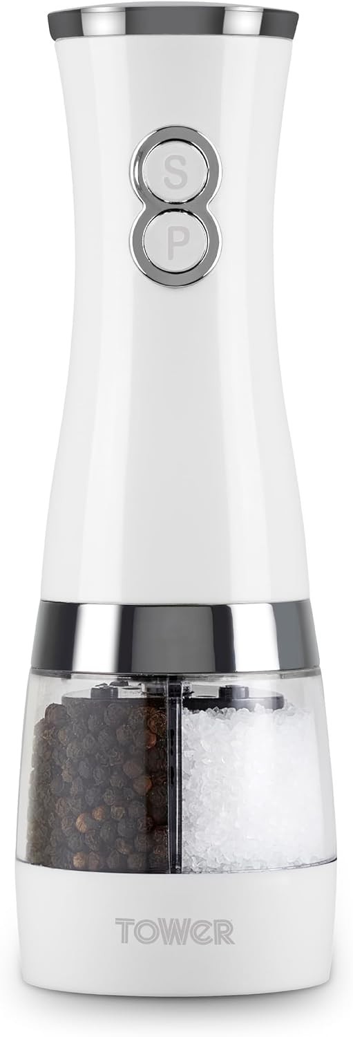 Tower T847004W Electric Duo Salt and Pepper Mills, Battery Operated, Black and White