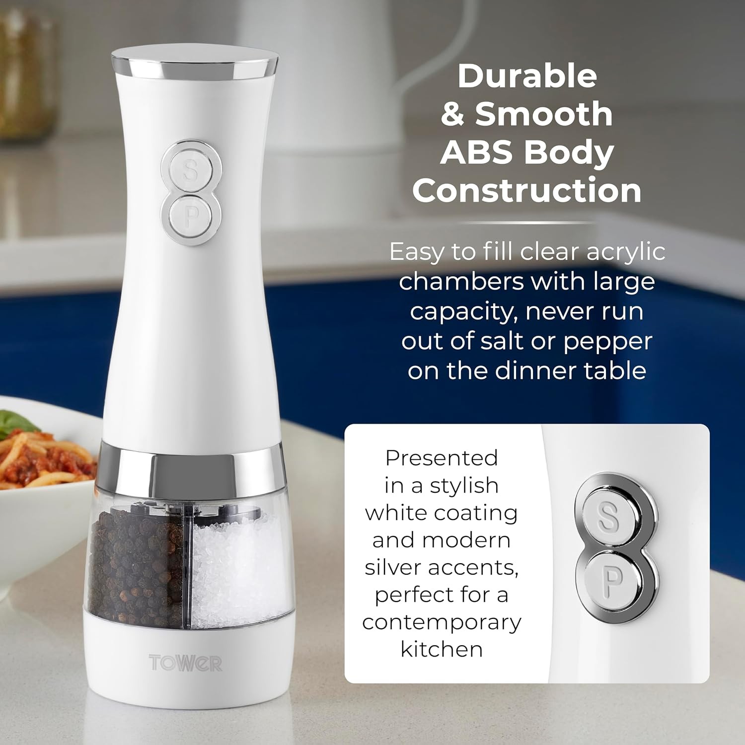 Tower T847004W Electric Duo Salt and Pepper Mills, Battery Operated, Black and White