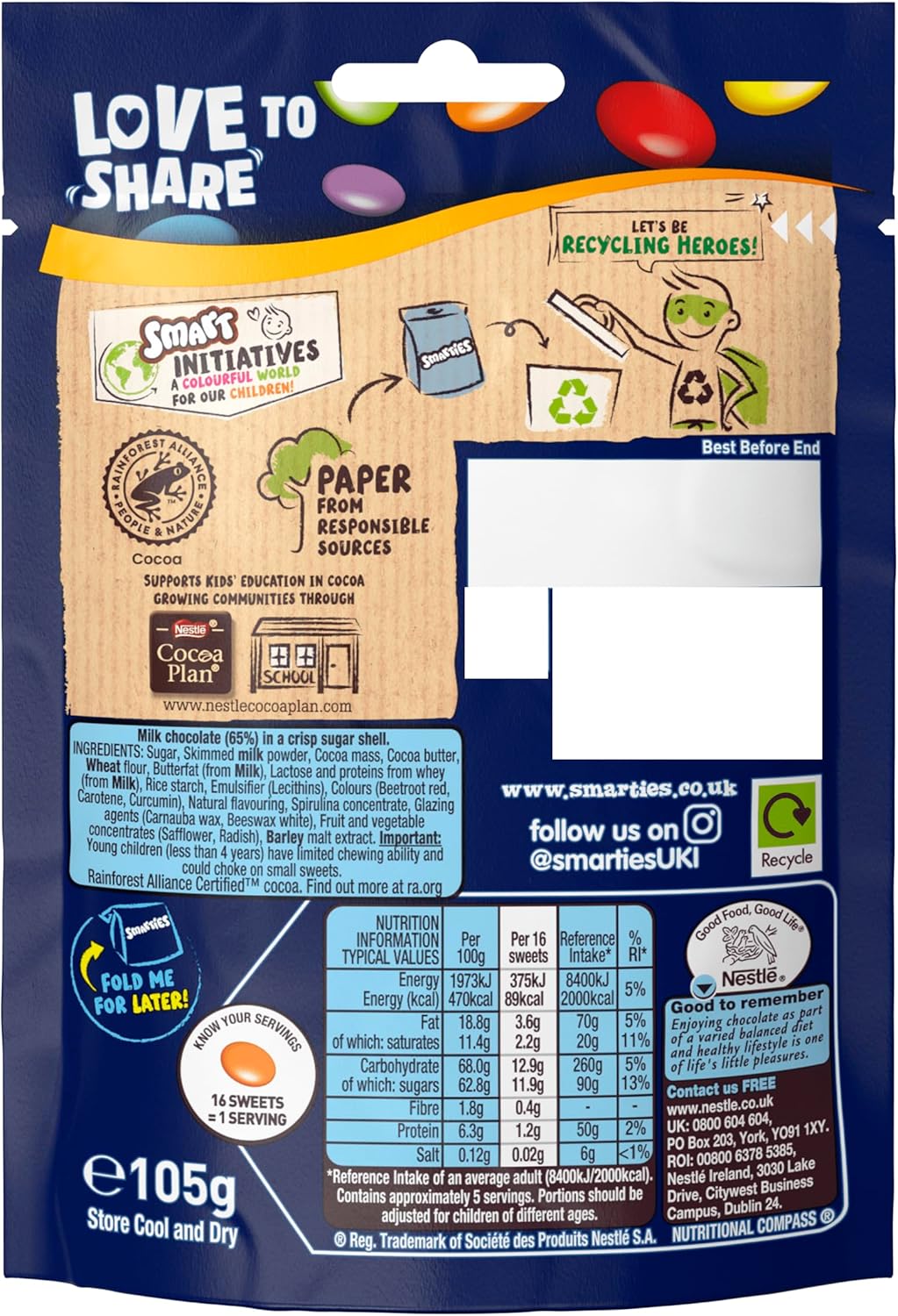 Smarties Milk Chocolate Sharing Bag, 8 x 105 g