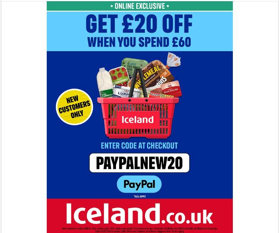 £20 off £60 for new customers at Iceland