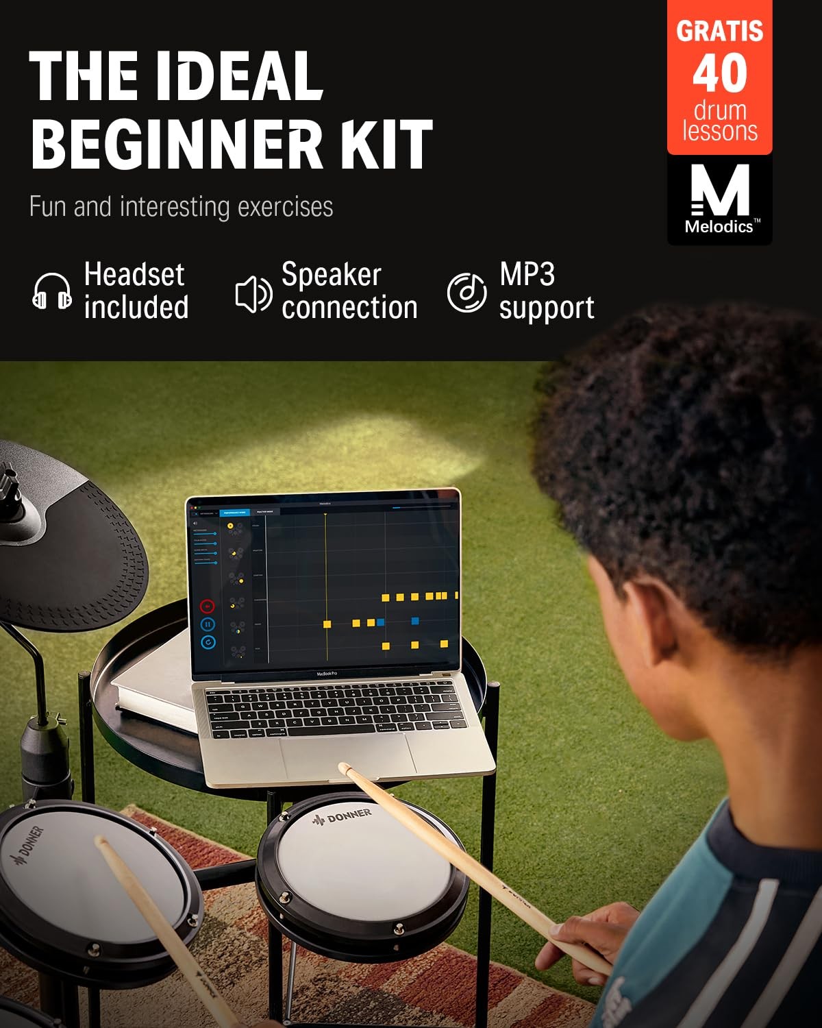 Donner DED-80 Electric Drum Kit, Electronic Drum Sets for Beginner with 4 Quiet Mesh Drum Pads, 2 Switch Pedal, 180+ Sounds, Throne, On-Ear Headphones, Sticks, and Melodics Lessons Included