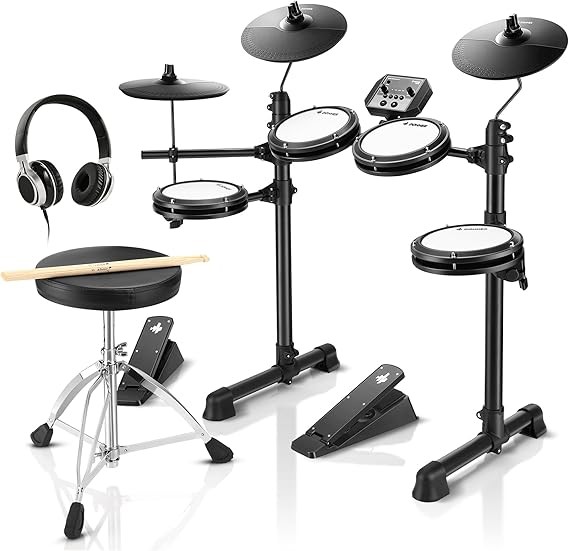 Donner DED-80 Electric Drum Kit, Electronic Drum Sets for Beginner with 4 Quiet Mesh Drum Pads, 2 Switch Pedal, 180+ Sounds, Throne, On-Ear Headphones, Sticks, and Melodics Lessons Included
