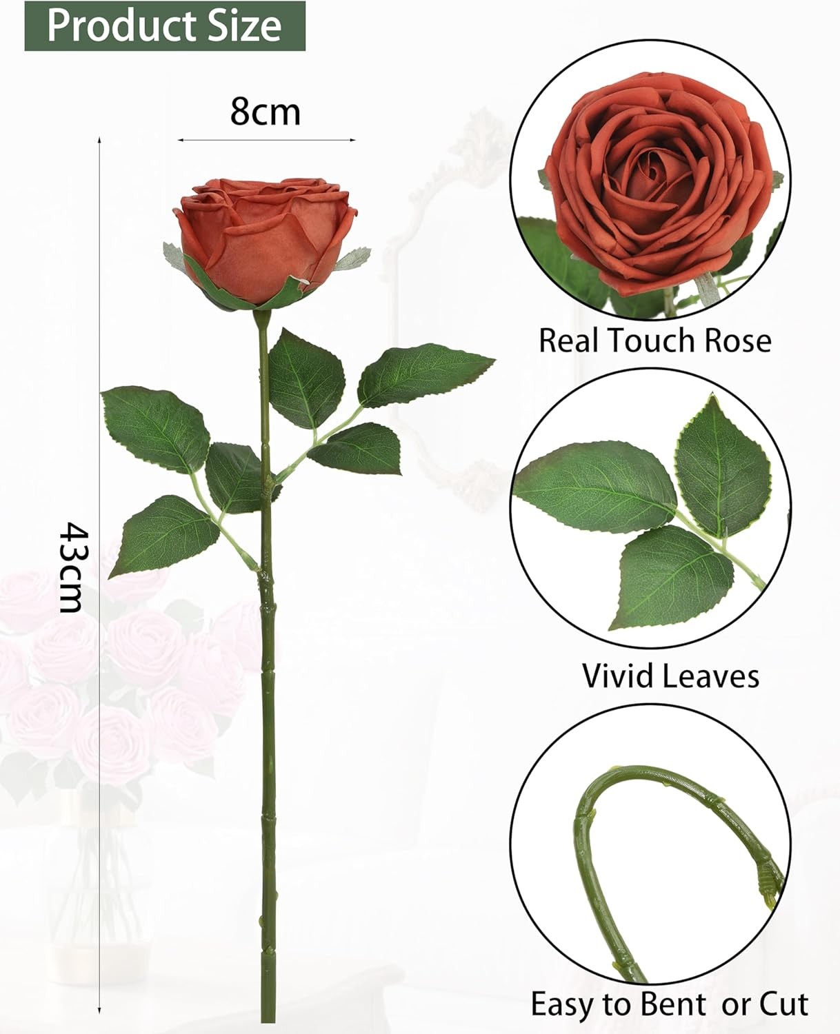 DuHouse 5 Pcs Real Touch Artificial Roses, Silk Fake Rose Flowers Bouquet, Burnt Orange