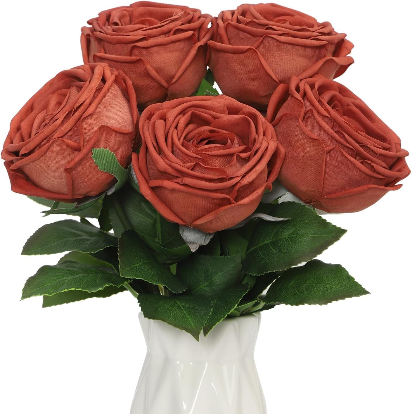 DuHouse 5 Pcs Real Touch Artificial Roses, Silk Fake Rose Flowers Bouquet, Burnt Orange