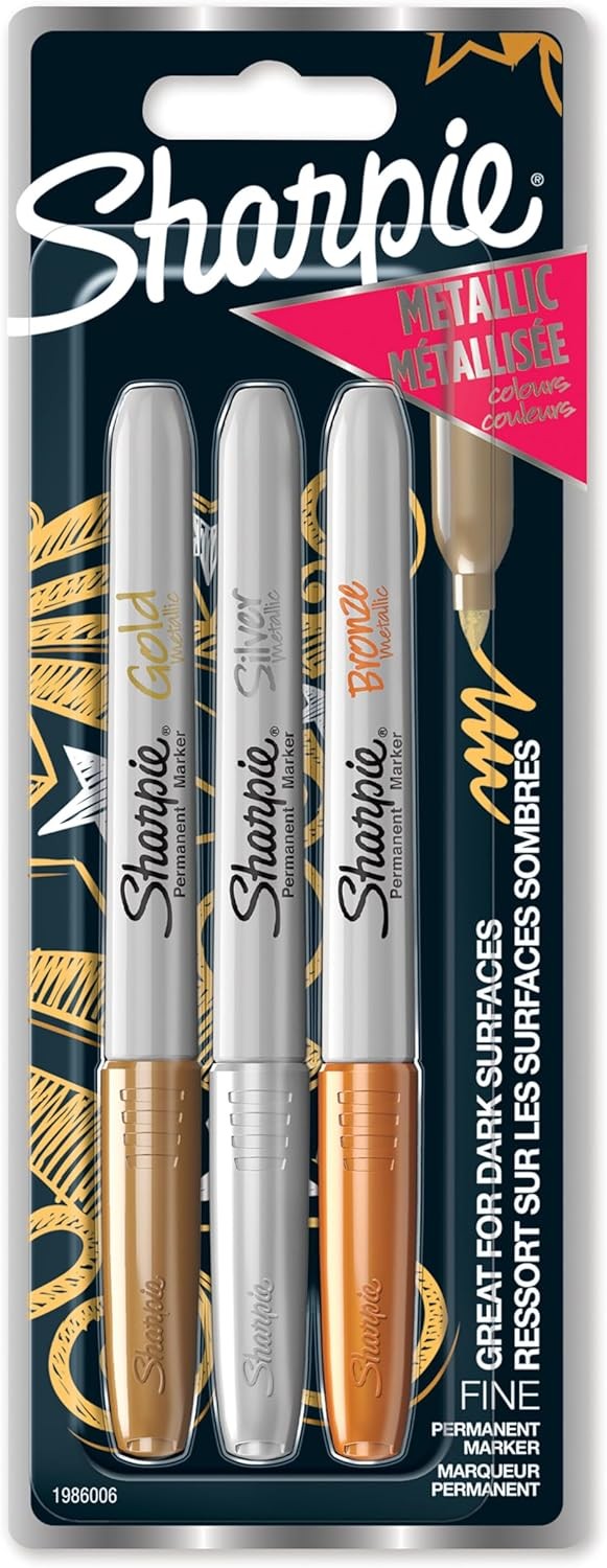 Sharpie Permanent Markers, Fine Point, Assorted Metallic Colours, 3 Marker Pens