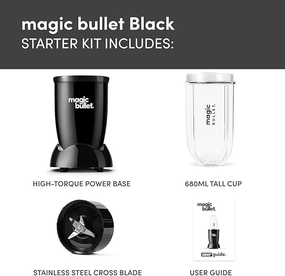 Nutribullet Magic Bullet Starter Kit, Black, Food Processor & Blender, 10,000 RPM, Power Base, Tall Cup, Flip Top Lid, Cross Blade