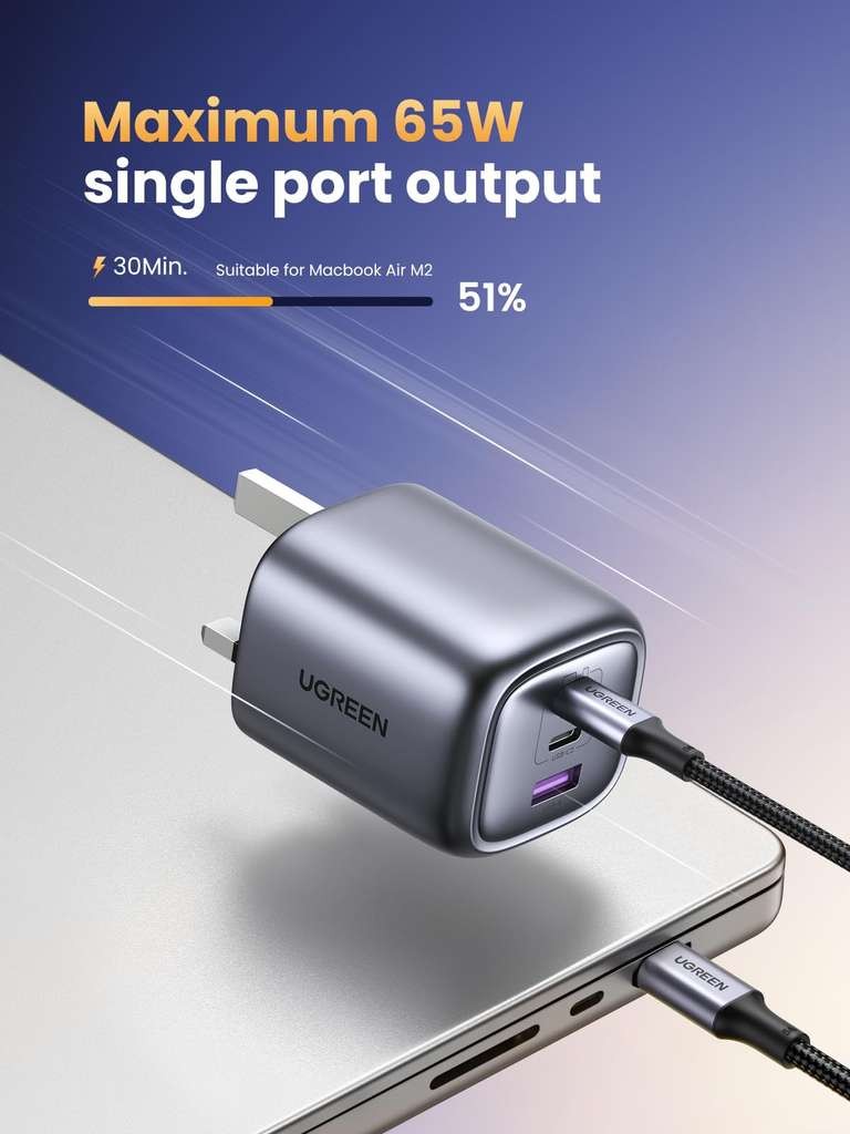 UGREEN USB C Plug 65W GaN Fast Charger 3-Port Charger with Free 100W USB C to C Cable