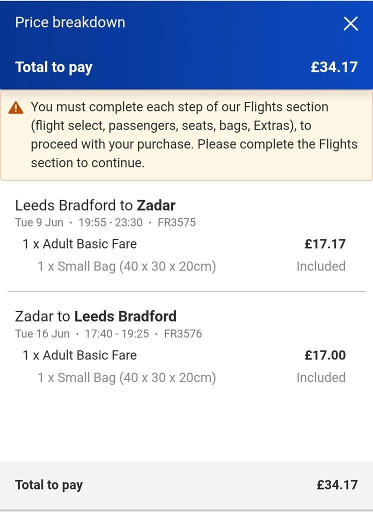 Ryanair return flights Leeds Bradford to Zadar, Croatia, 9-16 June. Hand luggage 40x20x30cm