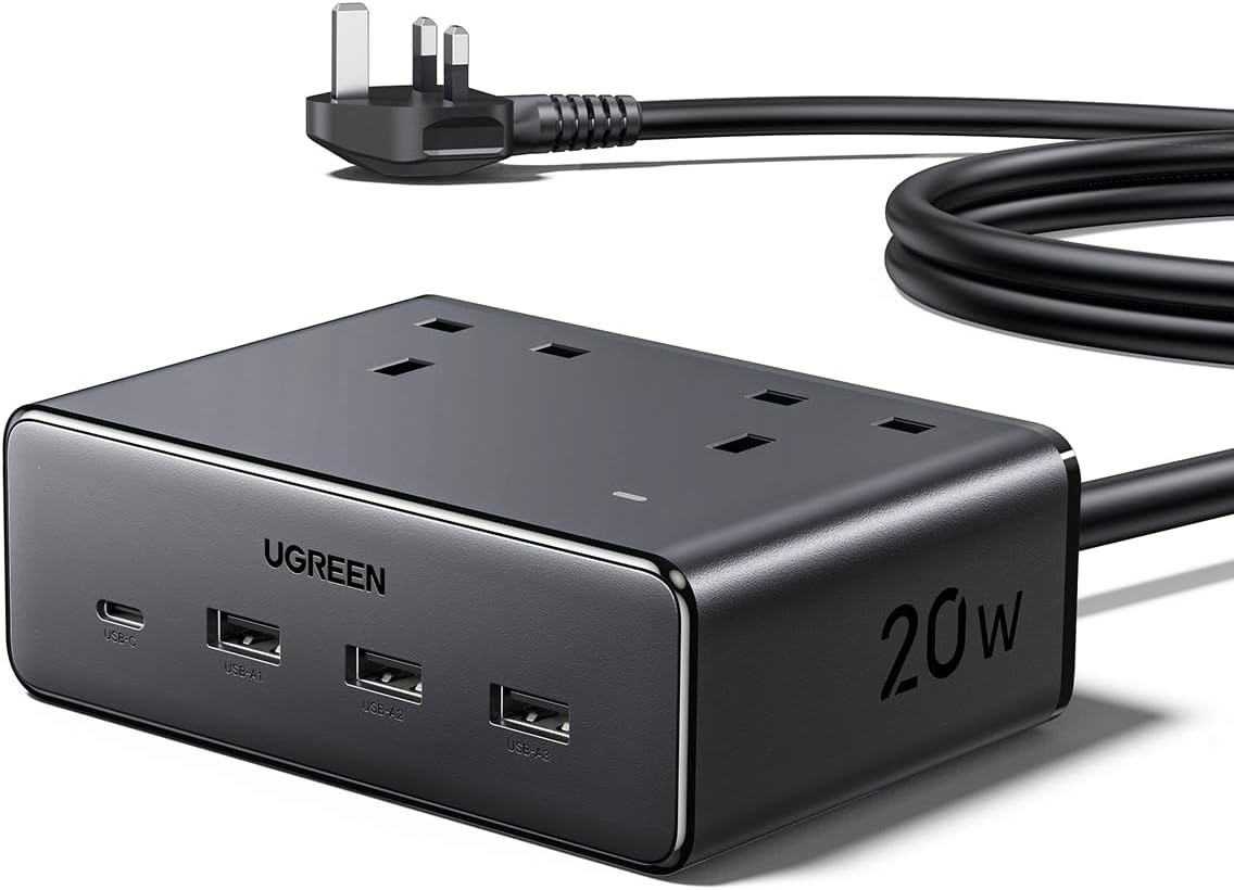 UGREEN Extension Lead with 4 USB Slots, 2 Way 2990W Max, 1.5m Cable, Black