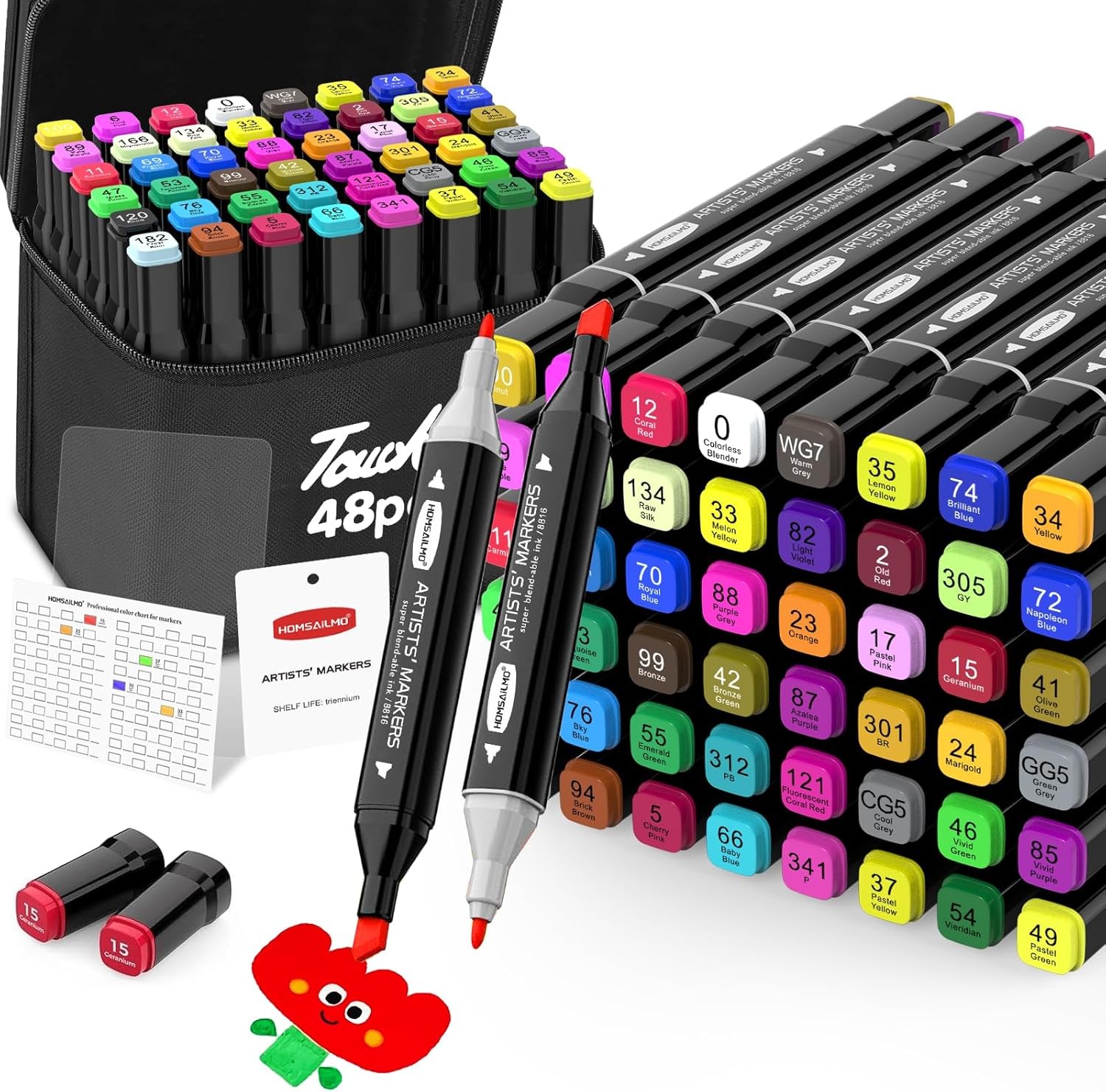 Homesilmo 48 Color Alcohol Pen Set, Double Tip Brush and Chisel Head with Sketchbook