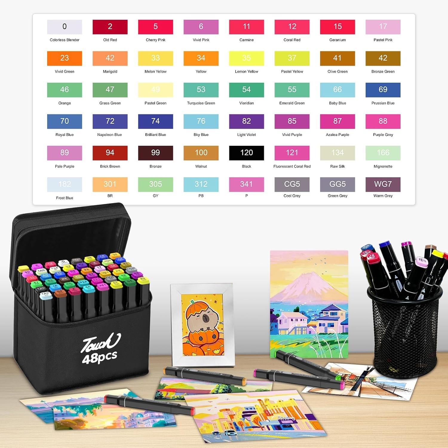 Homesilmo 48 Color Alcohol Pen Set, Double Tip Brush and Chisel Head with Sketchbook