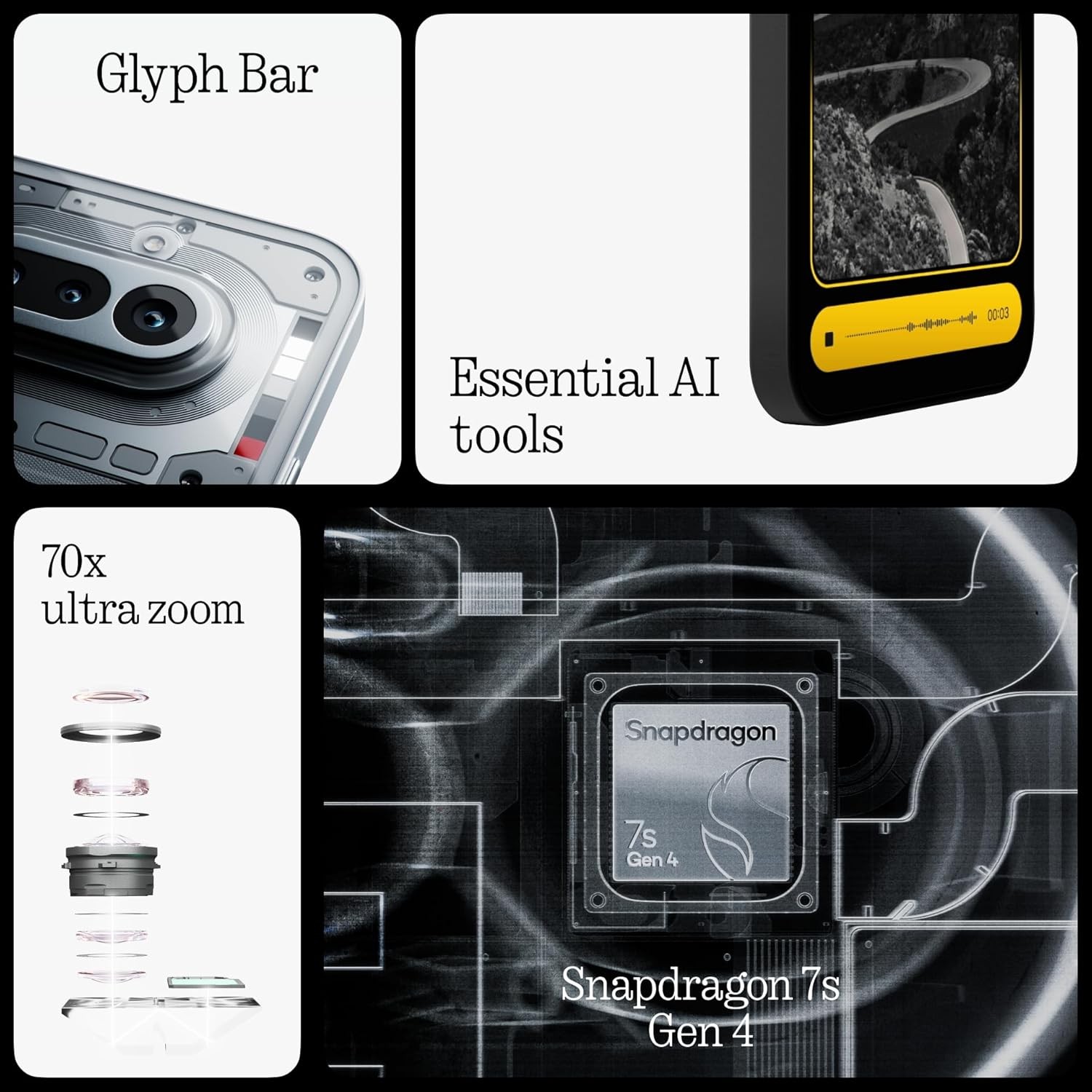 Nothing Phone (4a), 50 MP Triple Camera with Up To 70X ultra Zoom, Transparent Design Smartphone, Long Lasting Battery and 50W Fast Charge, 120Hz AMOLED Display and Glyph Bar, 8GB + 256GB, Black