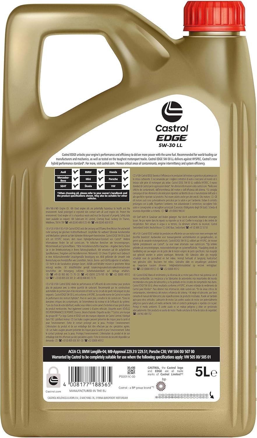 Castrol EDGE 5W-30 LL, Advanced Fully Synthetic Engine Oil, Meets ACEA C3 & API SQ Specifications, 5L