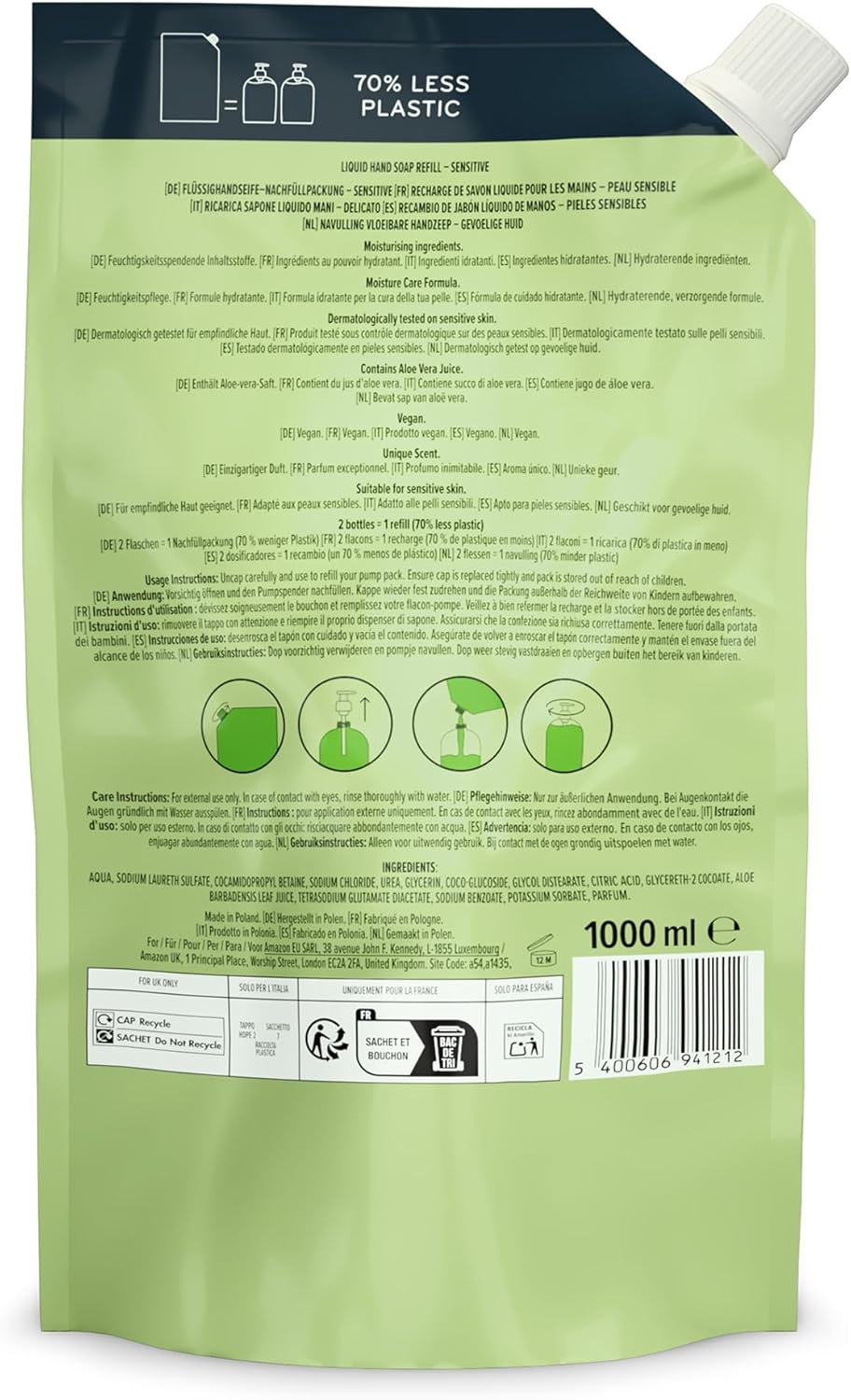 Amazon Aloe Vera Hand Soap Refill, 2 x 1000ml