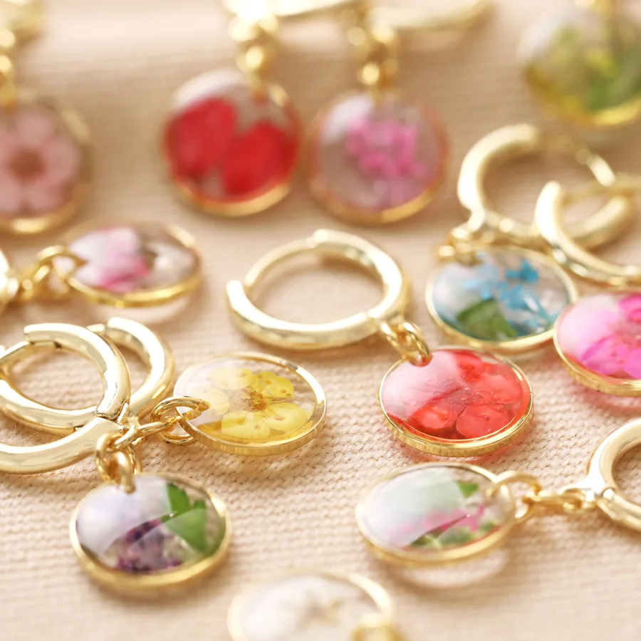 Pressed Birth Flower Huggie Hoop Earrings in Gold