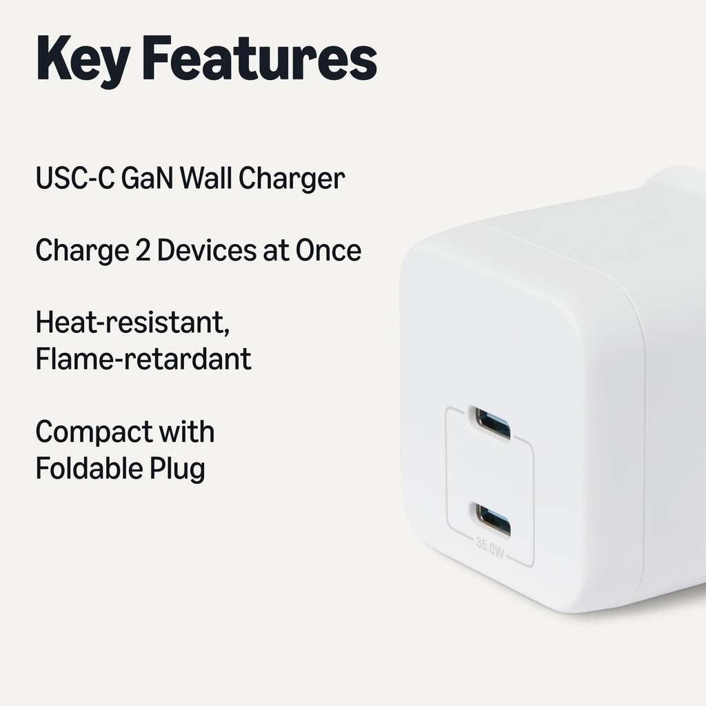 Amazon Basics Fast Charging USB C Nano GaN Wall Charger, 35W 2-Port, White