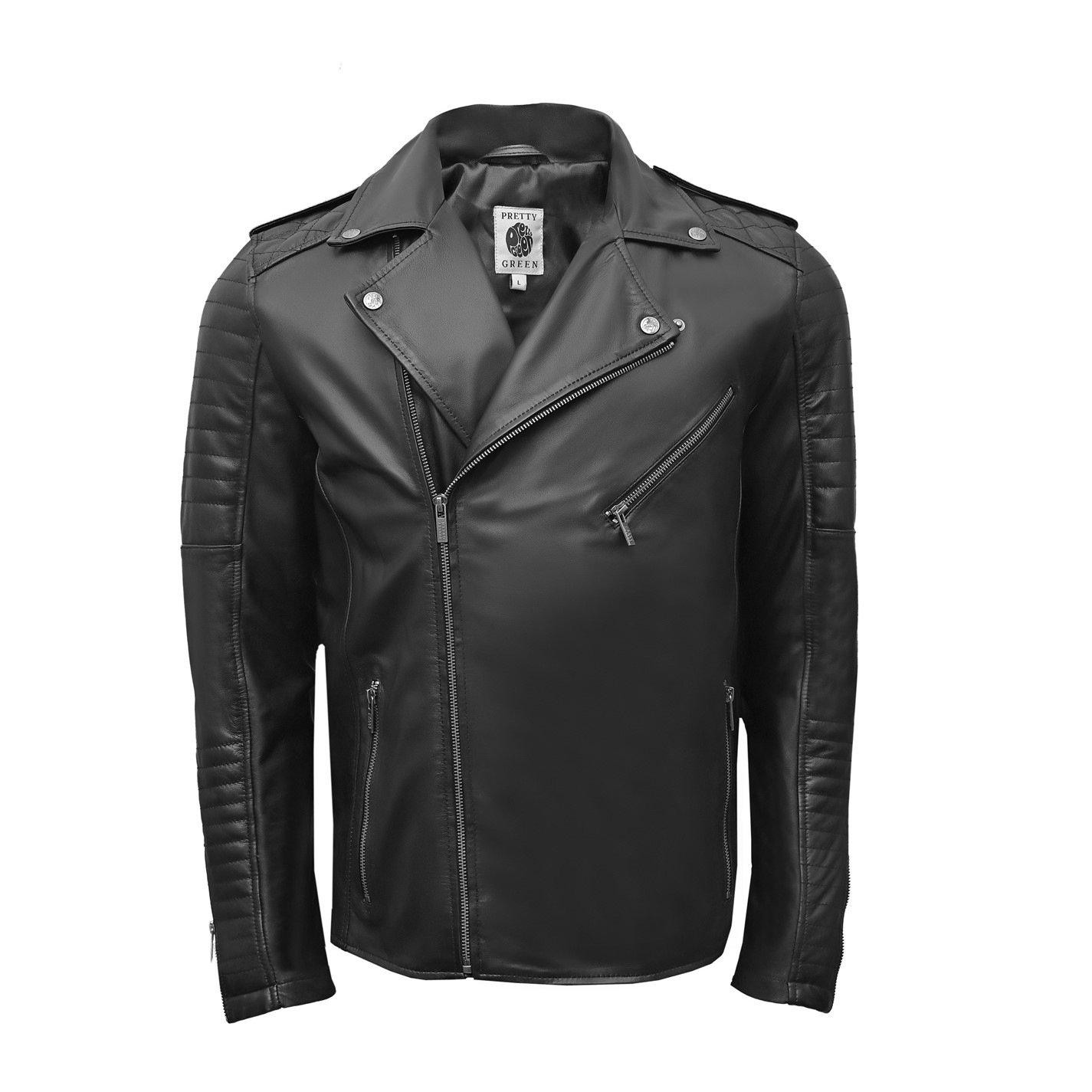 Pretty Green Mens Genuine Sheepskin Leather Biker Jacket
