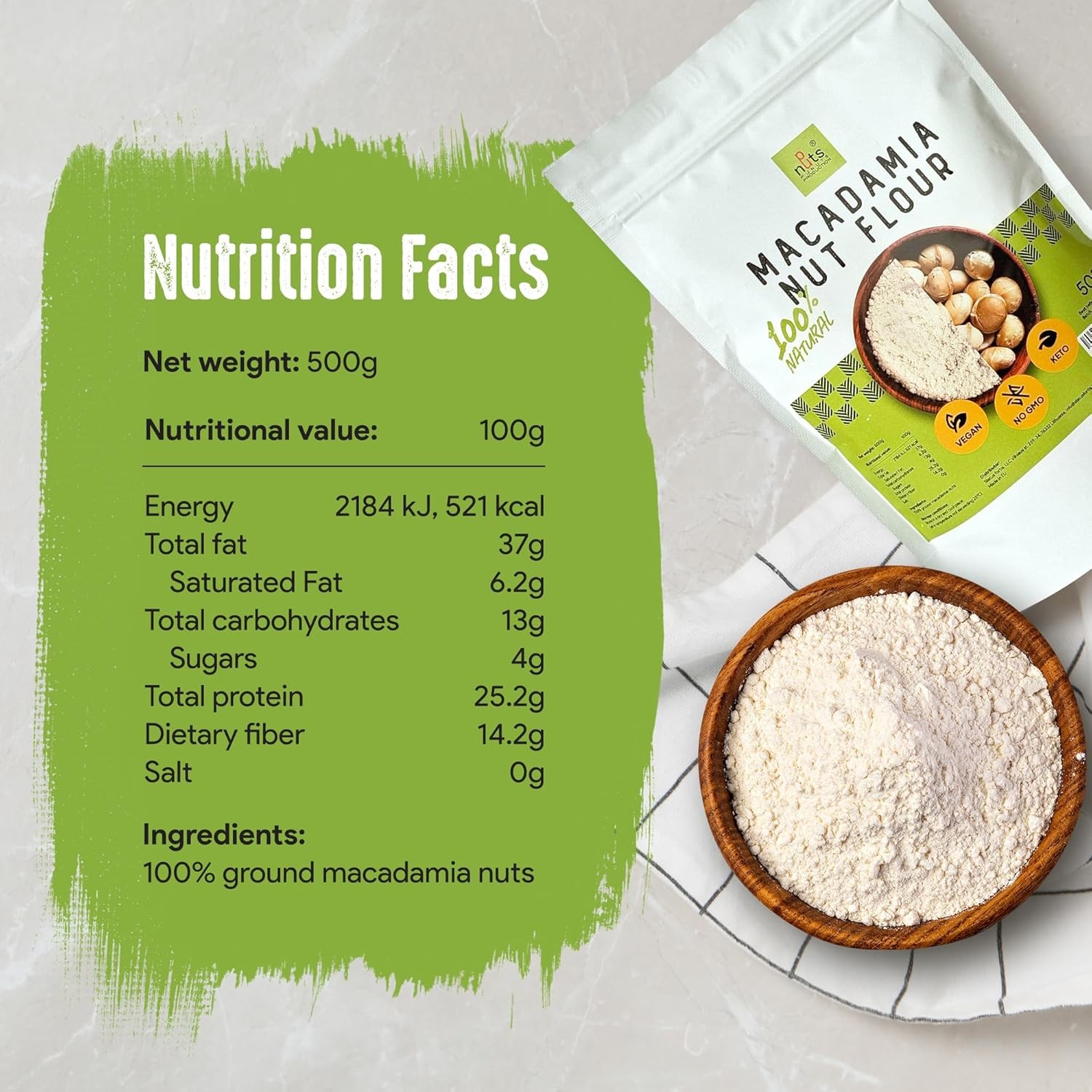 Punuts Macadamia Nut Flour 500g, Finely Ground, Gluten Free, Low Carb