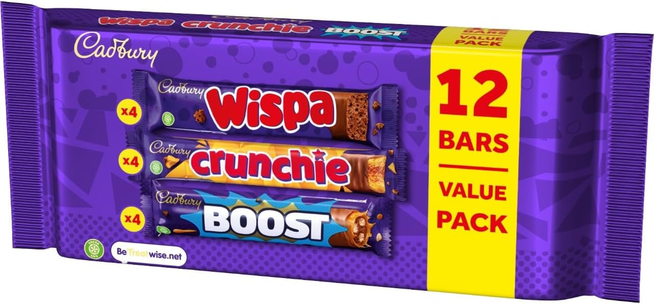 Cadbury Chocolate Bars Value Pack, 4 x Boost's, 4 x Crunchie's, 4 x Wispa's | Delicious Cadbury Chocolate Bars in Value Pack, Includes Boost's, Crunchie's & Wispa's for Sweet Treats