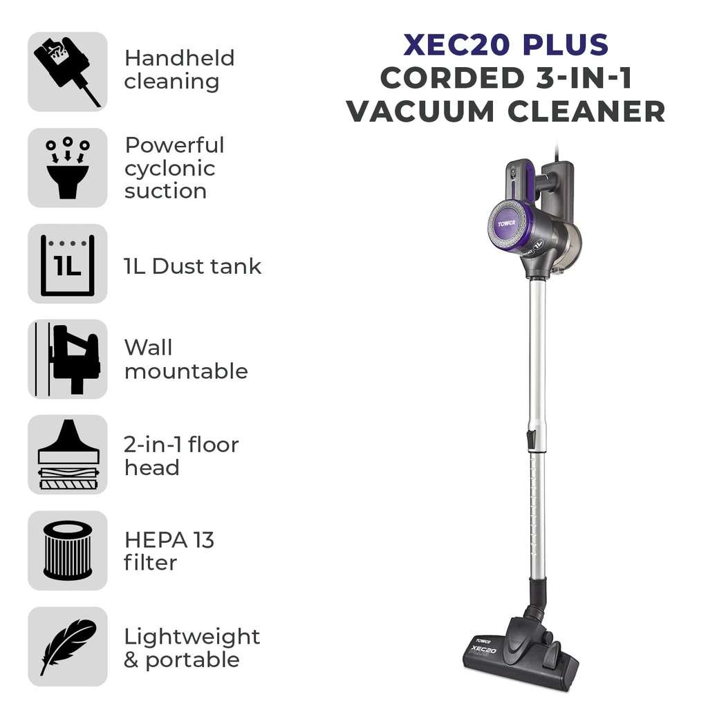Tower T513005 Pro 3-in-1 corded vac with cyclonic suction, built-in HEPA 13 filter & detachable