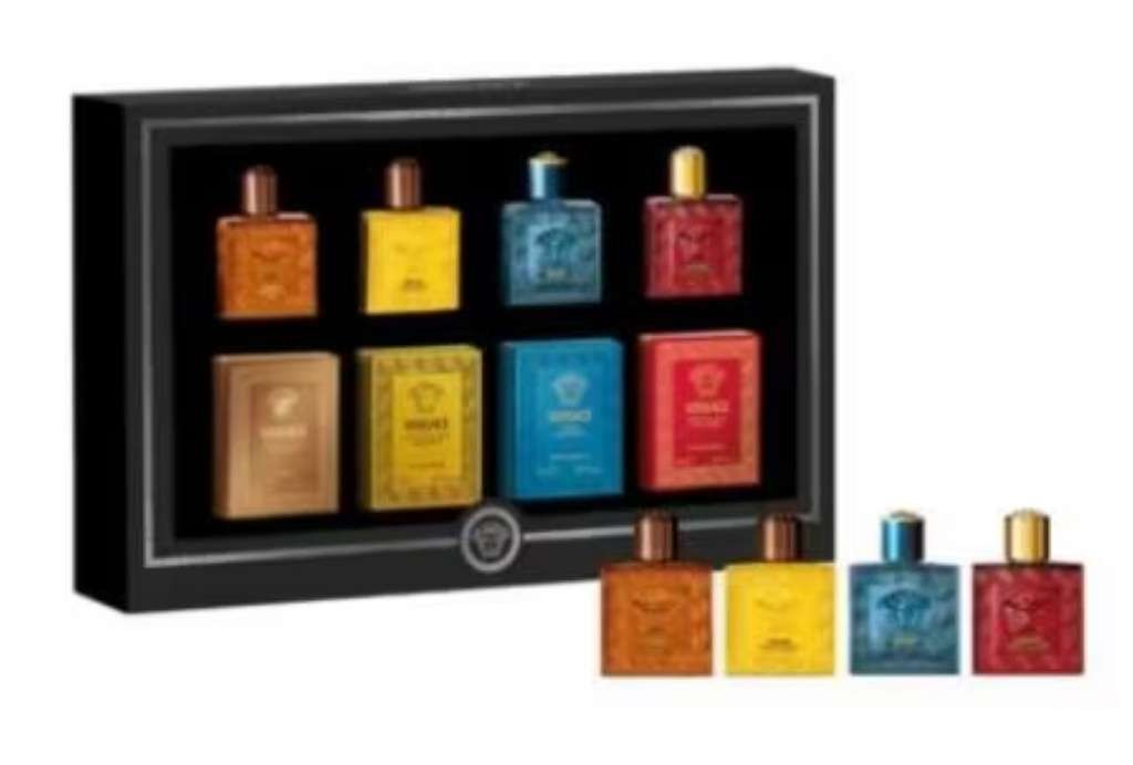 Versace mini gift sets: 5ml men's (Eros, Flame) & women's (Bright Crystal, Dylan Purple) scents. Free C&C