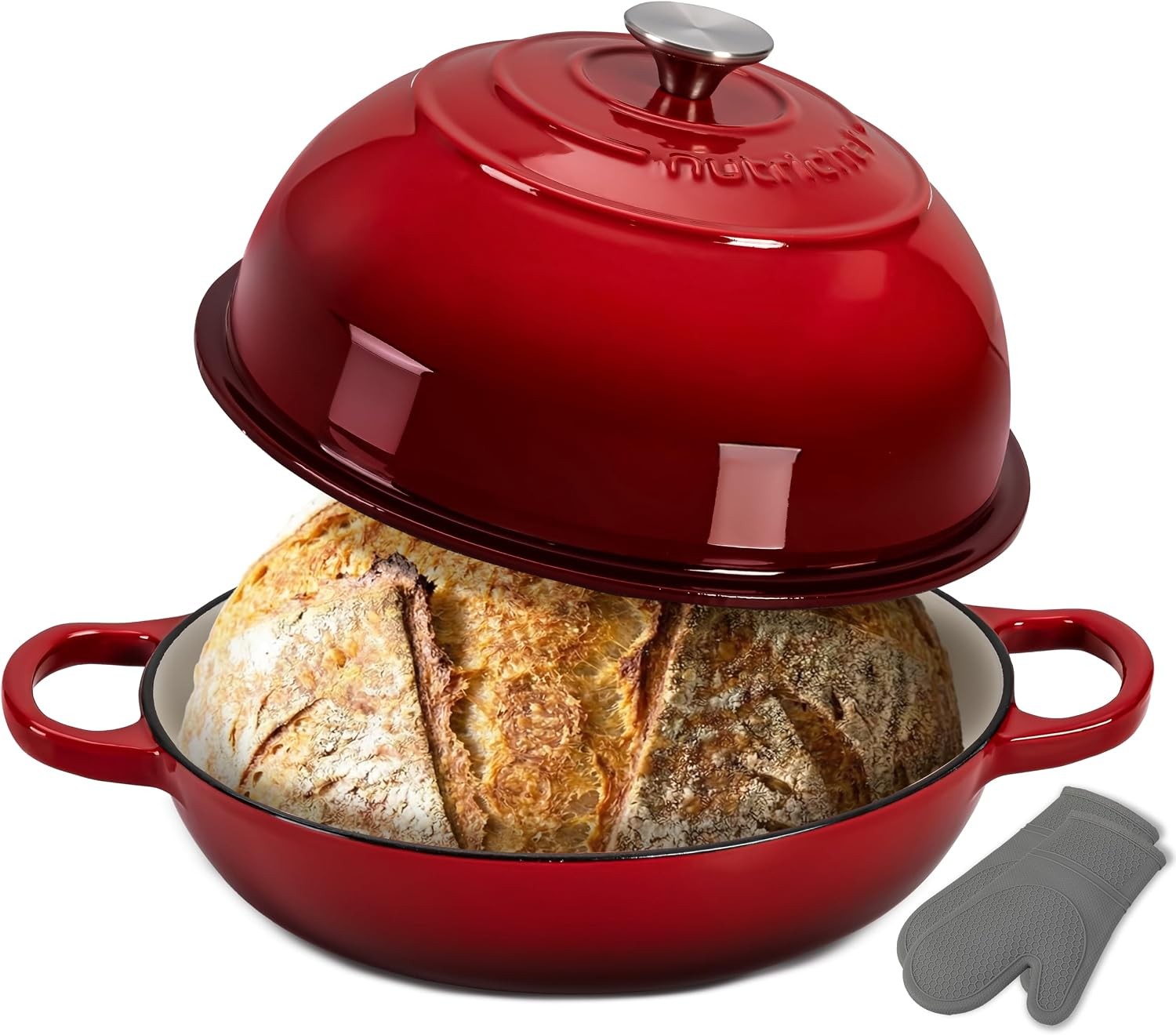 NutriChef 26cm Enamelled Cast Iron Dutch Oven with Dome Lid and Silicone Gloves, Red