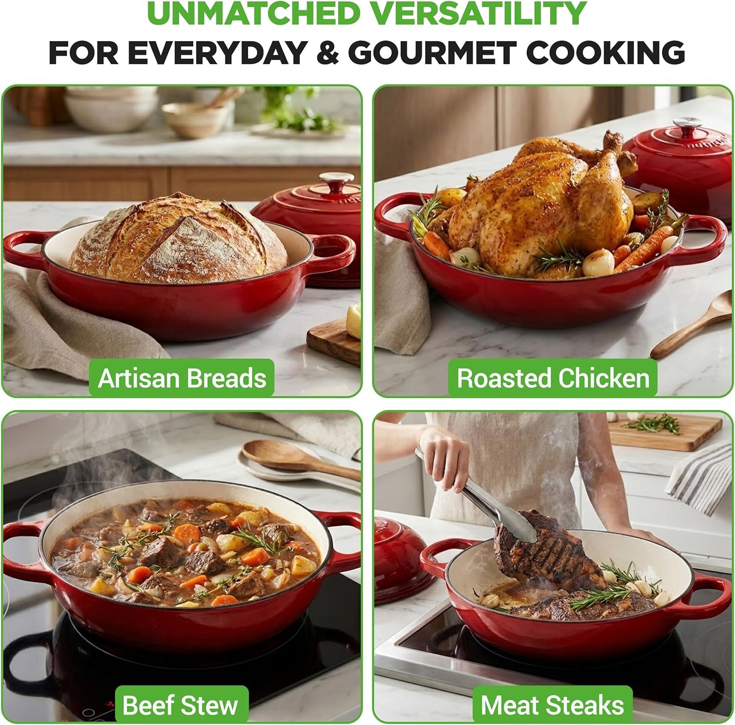 NutriChef 26cm Enamelled Cast Iron Dutch Oven with Dome Lid and Silicone Gloves, Red