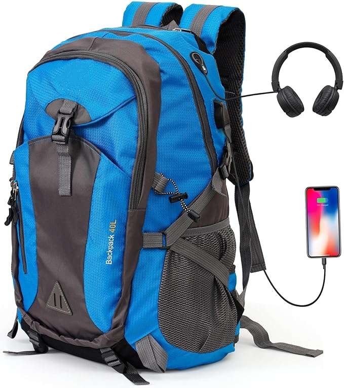 Blue 40L waterproof hiking backpack, also a durable travel rucksack