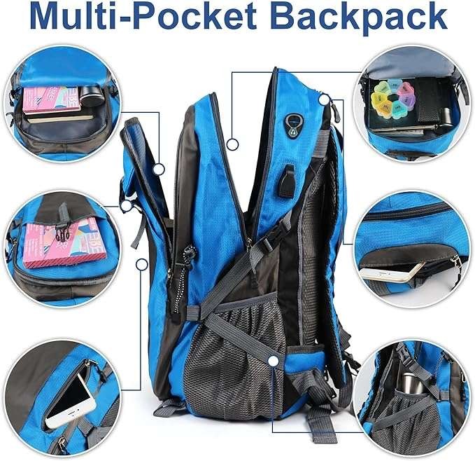 Blue 40L waterproof hiking backpack, also a durable travel rucksack