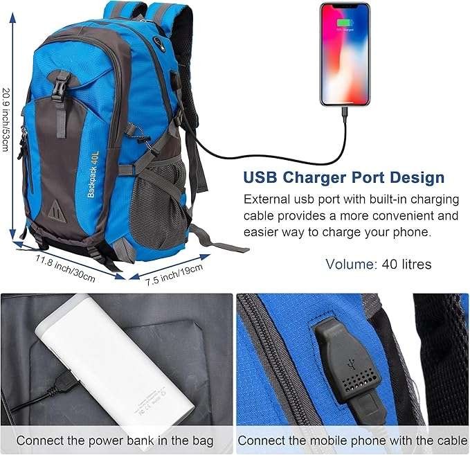 Blue 40L waterproof hiking backpack, also a durable travel rucksack