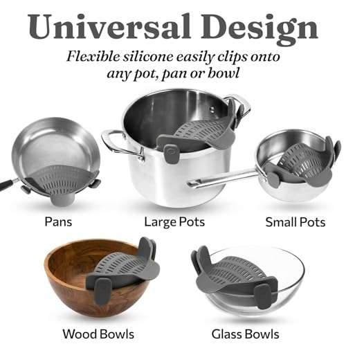 Adjustable clip-on silicone strainer (Pantry Drainer) for pans/bowls, discount at checkout. Haul Global