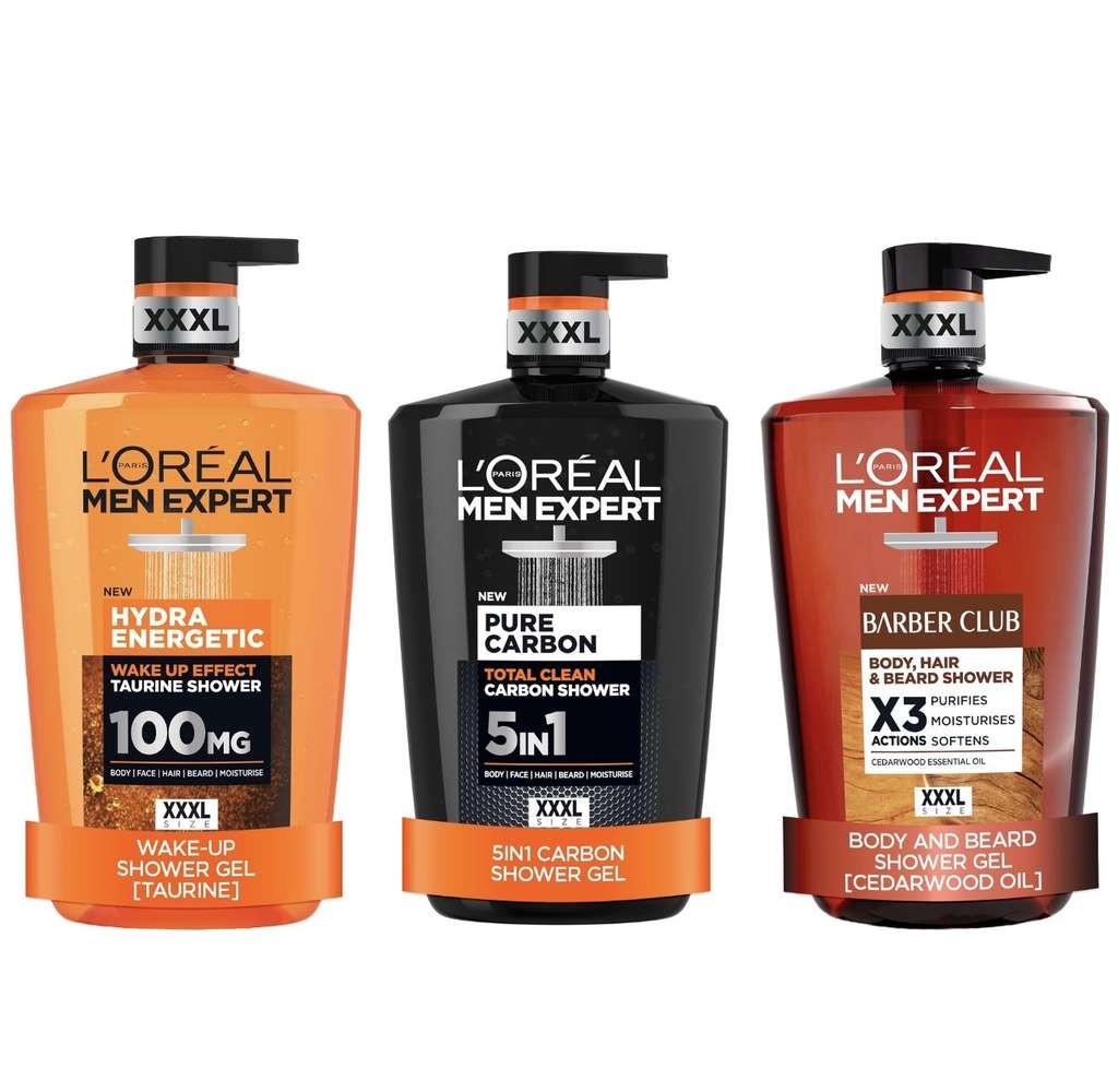 L'Oreal Paris Men Expert Shower Gel Hydra Energetic, Pure Carbon, Barber Club 3-in-1 1L