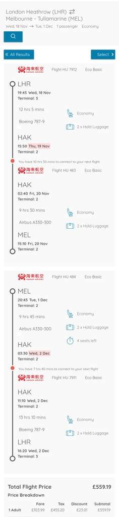 Return flights London Heathrow to Melbourne with Hainan Airlines, 18 Nov to 1 Dec, 2x23kg luggage