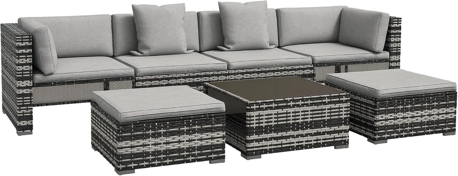 Outsunny 7 Pieces PE Rattan Garden Sofa Set, Patio Furniture Set with Glass Table, Stools, Cushions, Pillows, for Outdoor Balcony, Mixed Grey