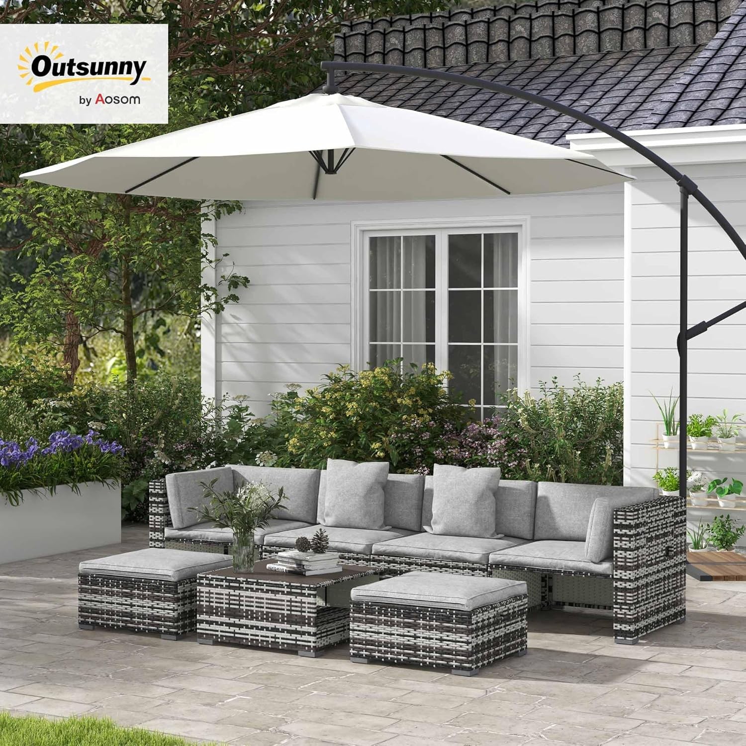 Outsunny 7 Pieces PE Rattan Garden Sofa Set, Patio Furniture Set with Glass Table, Stools, Cushions, Pillows, for Outdoor Balcony, Mixed Grey