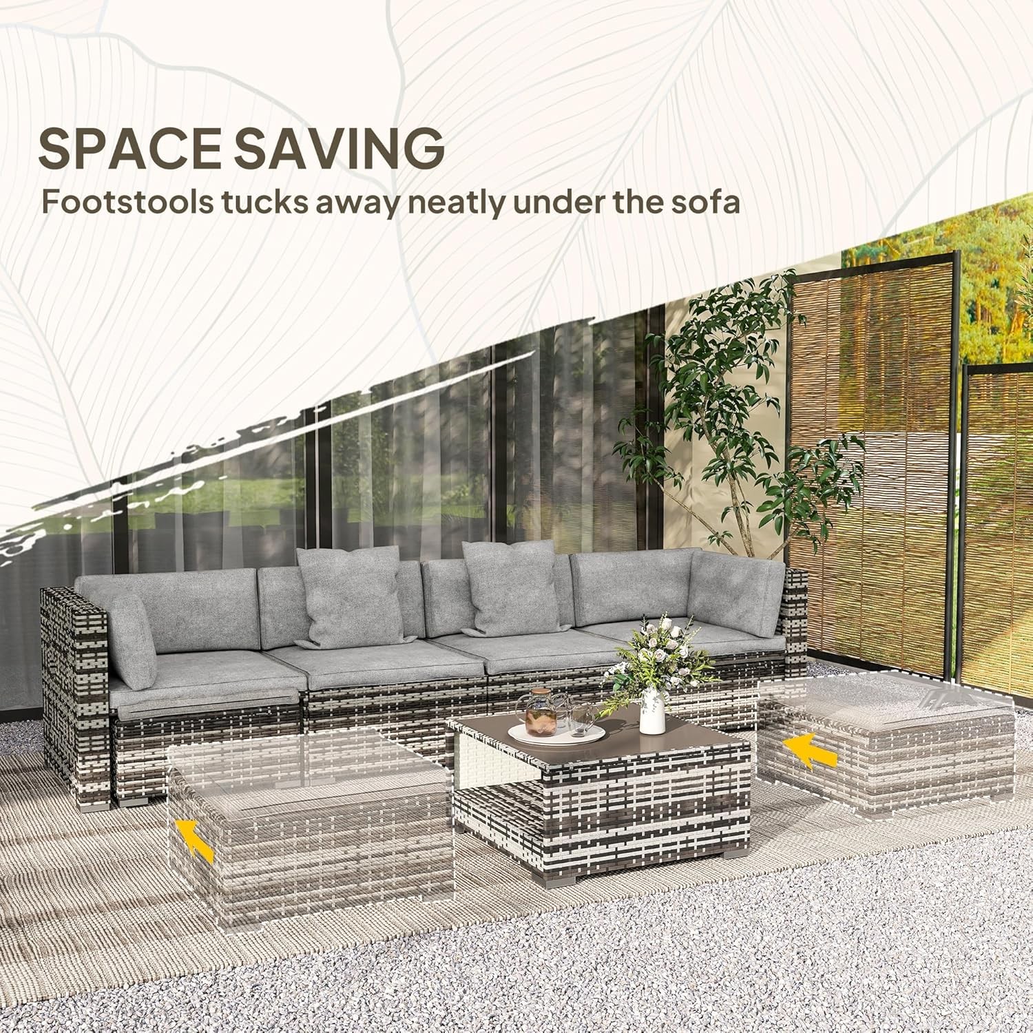 Outsunny 7 Pieces PE Rattan Garden Sofa Set, Patio Furniture Set with Glass Table, Stools, Cushions, Pillows, for Outdoor Balcony, Mixed Grey
