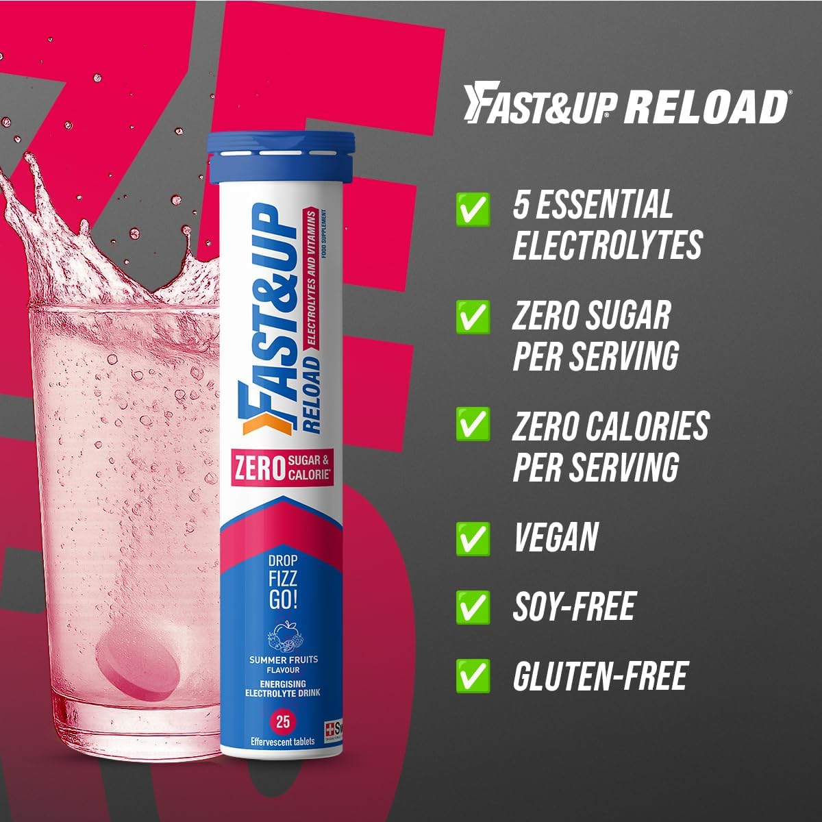 Fast&Up Reload Zero Electrolyte Tablets | Zero Sugar & Calories | Summer Fruits Flavour | 100 Effervescent Tablets with Vitamin C & B12 |