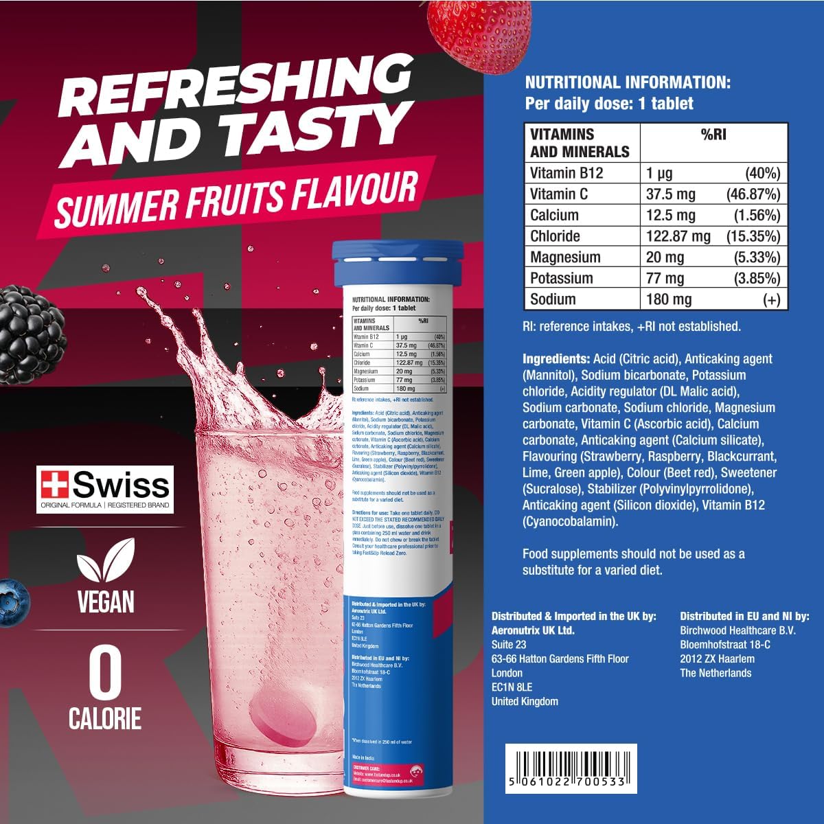 Fast&Up Reload Zero Electrolyte Tablets | Zero Sugar & Calories | Summer Fruits Flavour | 100 Effervescent Tablets with Vitamin C & B12 |