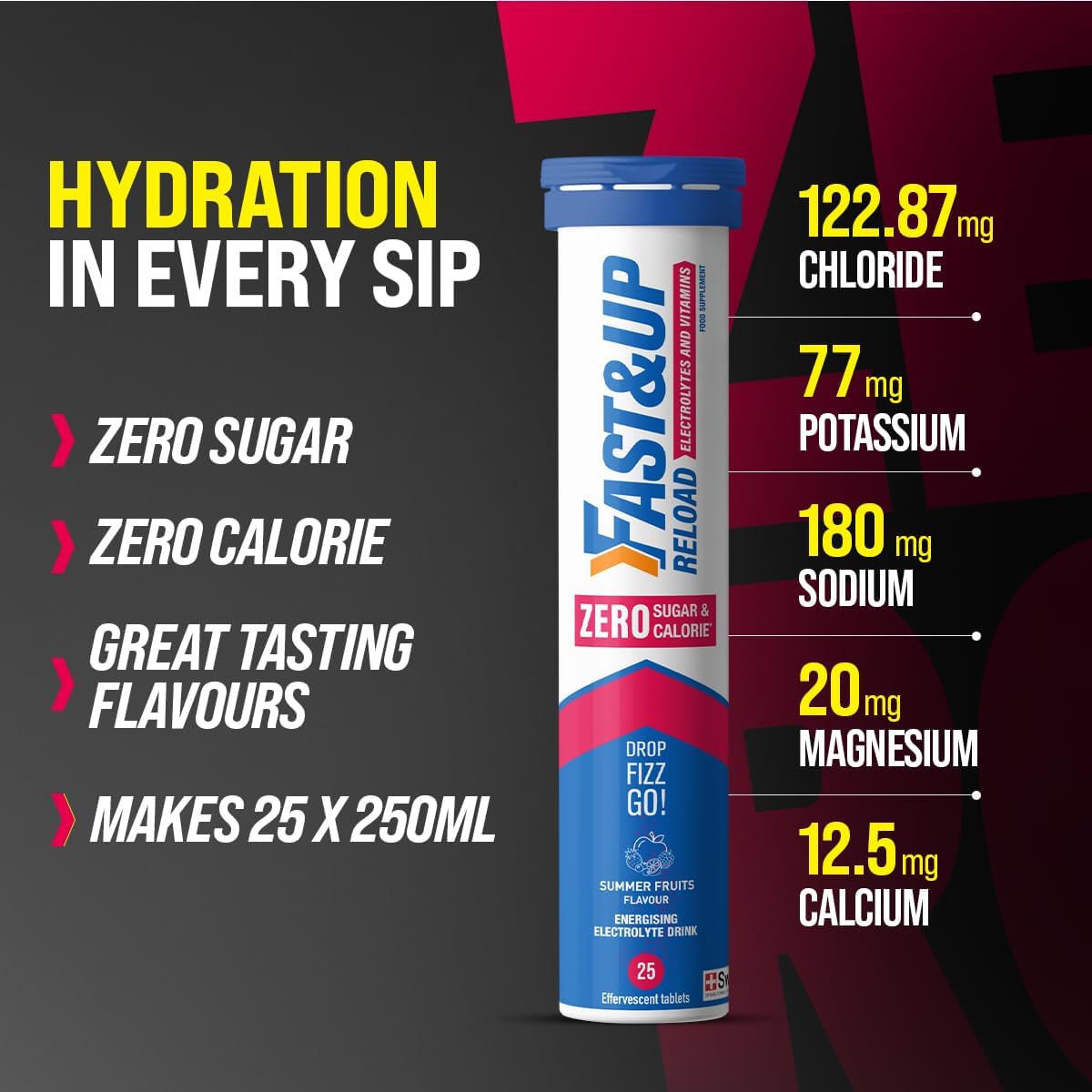 Fast&Up Reload Zero Electrolyte Tablets | Zero Sugar & Calories | Summer Fruits Flavour | 100 Effervescent Tablets with Vitamin C & B12 |
